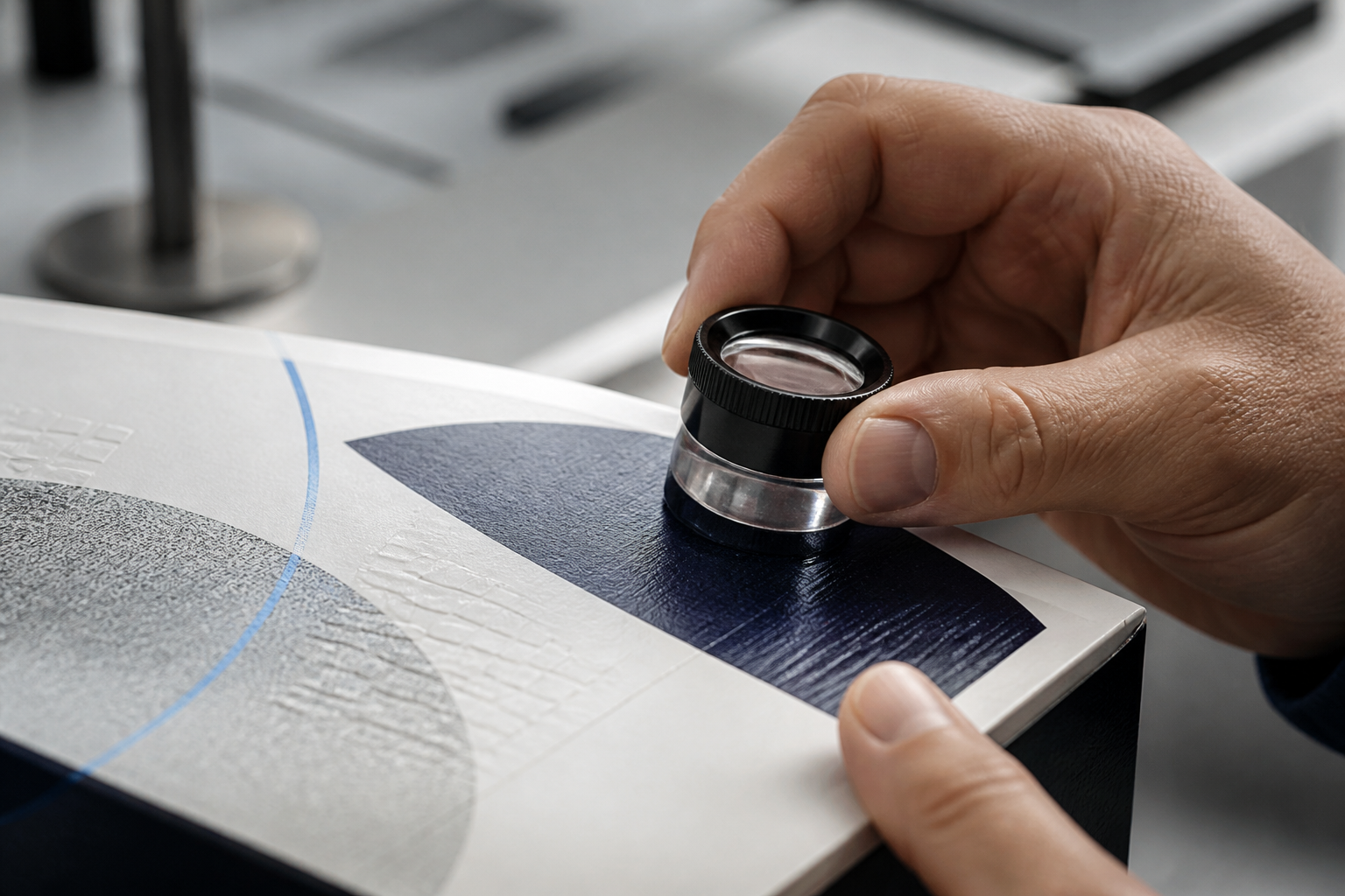 质检人员用放大镜检查包装印刷与表面纹理